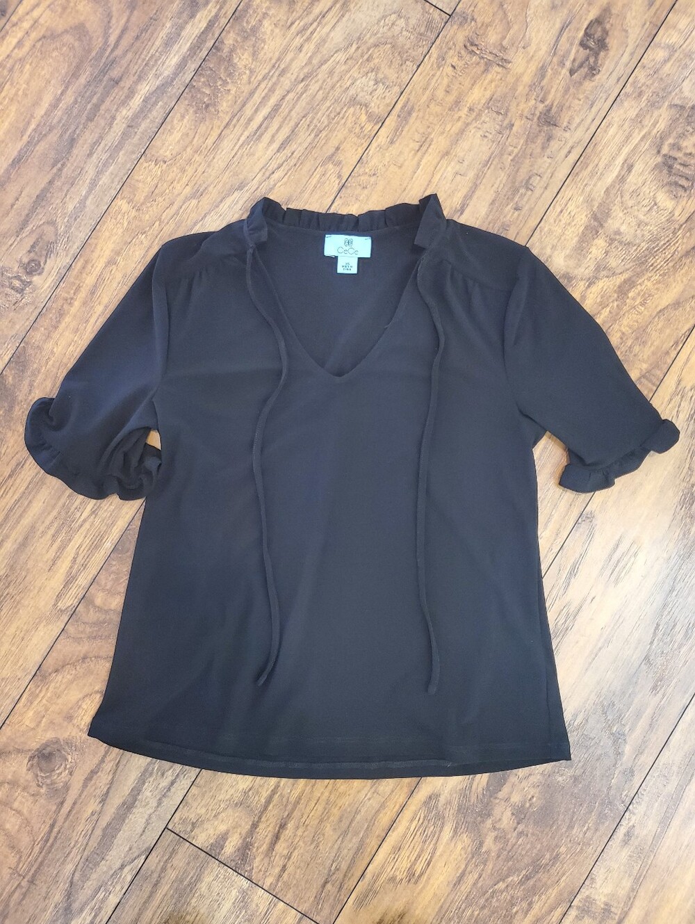 CeCe Black Ruffle Tie Neck Puff Sleeve Top XS